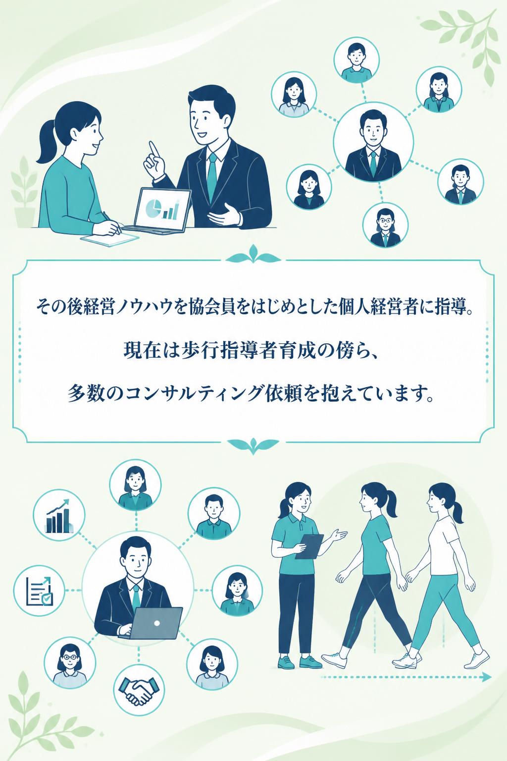 その後経営ノウハウを協会員をはじめとした個人経営者に指導。
現在は歩行指導者育成の傍ら、
多数のコンサルティング依頼を抱えています。