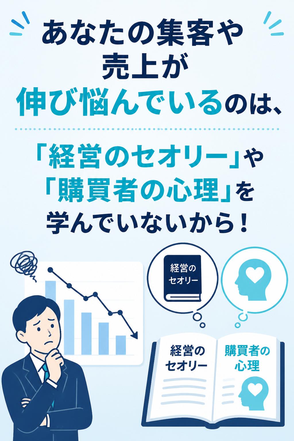 あなたの集客や売上が伸び悩んでいるのは、
「経営のセオリー」や「購買者の心理」を学んでいないから！

[embed:3261]]