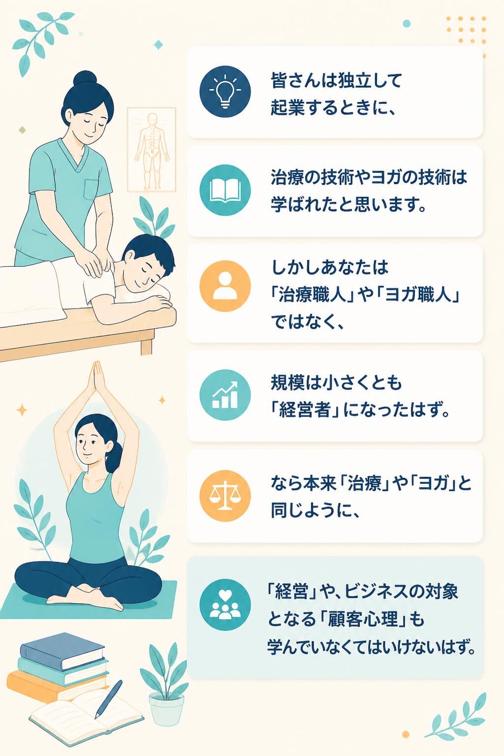 皆さんは独立して起業するときに、
治療の技術やヨガの技術は学ばれたと思います。
しかしあなたは「治療職人」や「ヨガ職人」ではなく、
規模は小さくとも「経営者」になったはず。
なら本来「治療」や「ヨガ」と同じように、
「経営」や、ビジネスの対象となる「顧客心理」も学んでいなくてはいけないはず。