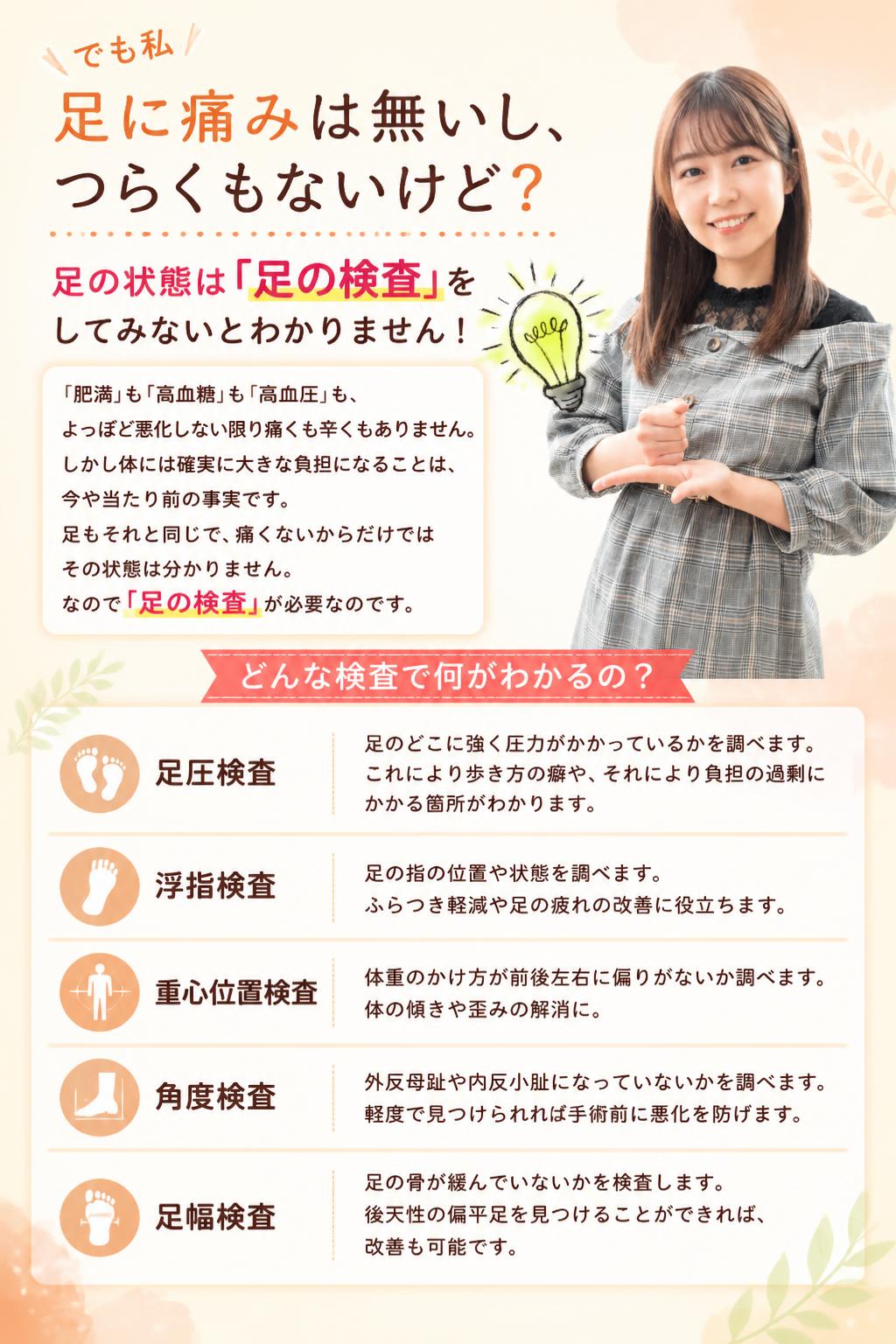でも私足に痛みは無いし、つらくもないけど？

足の状態は「足の検査」をしてみないとわかりません！

「肥満」も「高血糖」も「高血圧」も、よっぽど悪化しない限り痛くも辛くもありません。
しかし体には確実に大きな負担になることは、今や当たり前の事実です。
足もそれと同じで、痛くないからだけではその状態は分かりません。
なので「足の検査」が必要なのです。

[[embed:3354]]

どんな検査で何がわかるの？
足圧検査　足のどこに強く圧力がかかっているかを調べます。これにより歩き方の癖や、それにより負担の過剰にかかる箇所がわかります。　
浮指検査　足の指の位置や状態を調べます。ふらつき軽減や足