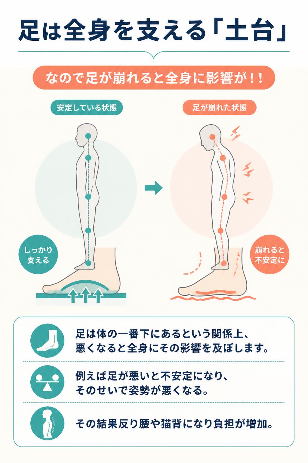足は全身を支える「土台」
なので足が崩れると全身に影響が！！

足は体の一番下にあるという関係上、悪くなると全身にその影響を及ぼします。
例えば足が悪いと不安定になり、そのせいで姿勢が悪くなる。
その結果反り腰や猫背になり負担が増加。