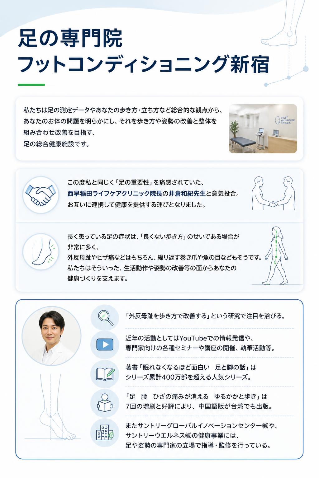 足の専門院
フットコンディショニング新宿

私たちは足の測定データやあなたの歩き方・立ち方など総合的な観点から、
あなたのお体の問題を明らかにし、それを歩き方や姿勢の改善と整体を組み合わせ改善を目指す、
足の総合健康施設です。

この度私と同じく「足の重要性」を痛感されていた、
西早稲田ライフケアクリニック院長の井倉和紀先生と意気投合。
お互いに連携して健康を提供する運びとなりました。

長く患っている足の症状は、「良くない歩き方」のせいである場合が非常に多く、
外反母趾やヒザ痛などはもちろん、繰り返す巻き爪や魚の目などもそうです。
私たちはそういった、生活動作や姿勢の改善等の面からあなたの健