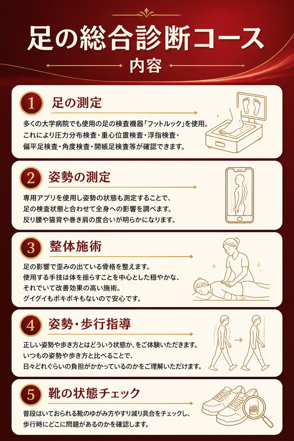 足の総合診断コース
内容

①足の測定
多くの大学病院でも使用の足の検査機器「フットルック」を使用。
これにより圧力分布検査・重心位置検査・浮指検査・偏平足検査・角度検査・開帳足検査等が確認できます。
②姿勢の測定
専用アプリを使用し姿勢の状態も測定することで、足の検査状態と合わせて全身への影響を調べます。
反り腰や猫背や巻き肩の度合いが明らかになります。
③整体施術
足の影響で歪みの出ている骨格を整えます。
使用する手技は体を揺らすことを中心とした穏やかな、それでいて改善効果の高い施術。
グイグイもボキボキもないので安心です。
④姿勢・歩行指導
正しい姿勢や歩き方とはどういう状態か、をご体験