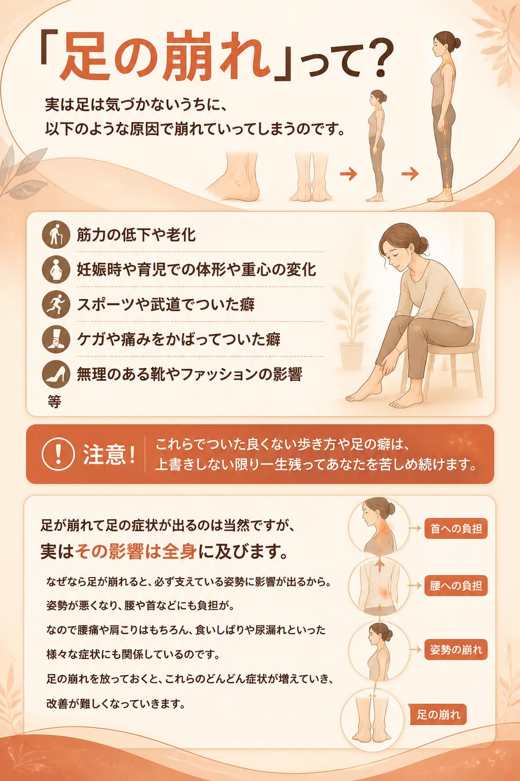 「足の崩れ」って？

実は足は気づかないうちに、
以下のような原因で崩れていってしまうのです。
筋力の低下や老化
妊娠時や育児での体形や重心の変化　
スポーツや武道でついた癖
ケガや痛みをかばってついた癖
無理のある靴やファッションの影響
等

注意！
これらでついた良くない歩き方や足の癖は、
上書きしない限り一生残ってあなたを苦しめ続けます。

足が崩れて足の症状が出るのは当然ですが、
実はその影響は全身に及びます。
なぜなら足が崩れると、必ず支えている姿勢に影響が出るから。
姿勢が悪くなり、腰や首などにも負担が。
なので腰痛や肩こりはもちろん、食いしばりや尿漏れといった様々な症状にも関係し